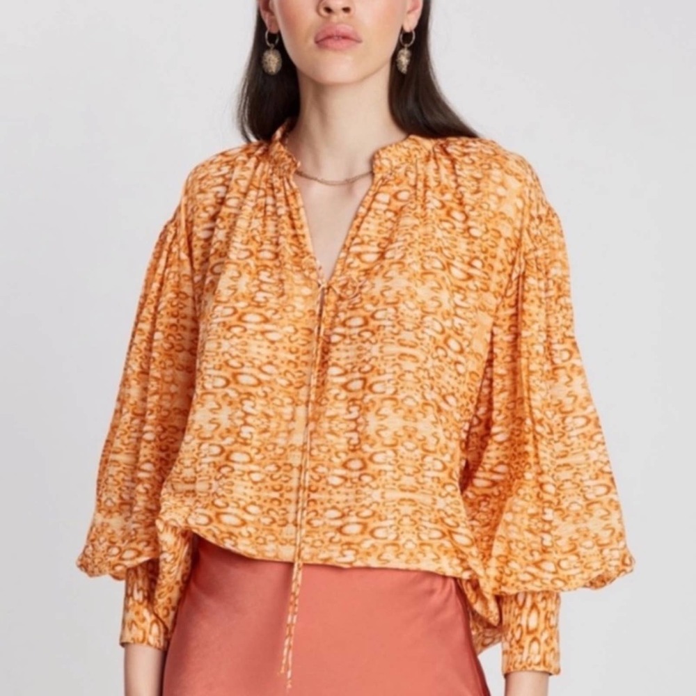 Anthropologie Kinga Csilla Cotton Orange Leopard Print Peasant Blouse 8